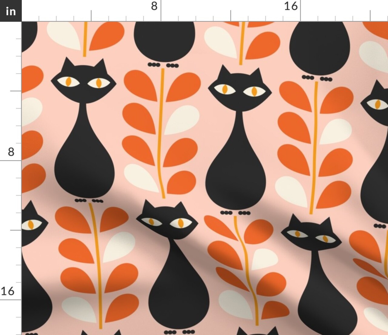 Retro Cat Orange Floral Modern Halloween Botanical Autumn Black Spooky Witchy Eclectic Tulip Vintage Custom Printed Fabric by Spoonflower Various Fabrics by the Yard or Fat Quarter